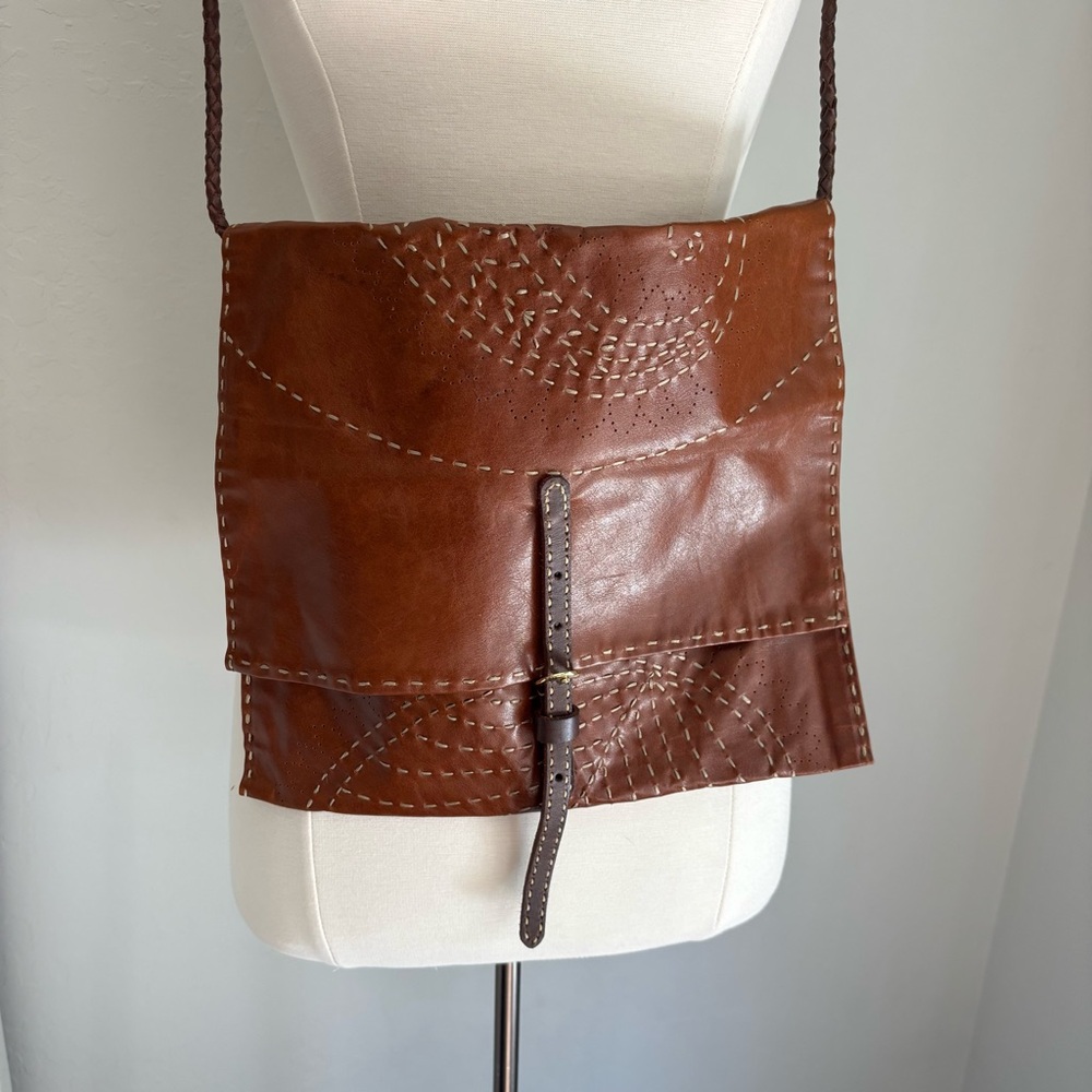 Handmade Chestnut Brown Embroidered Leather Flap Crossbody Bag